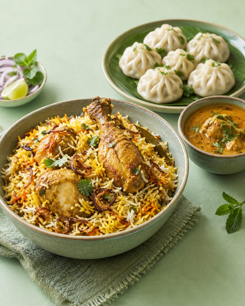 Illustrative biryani, momos and curry food photograph
